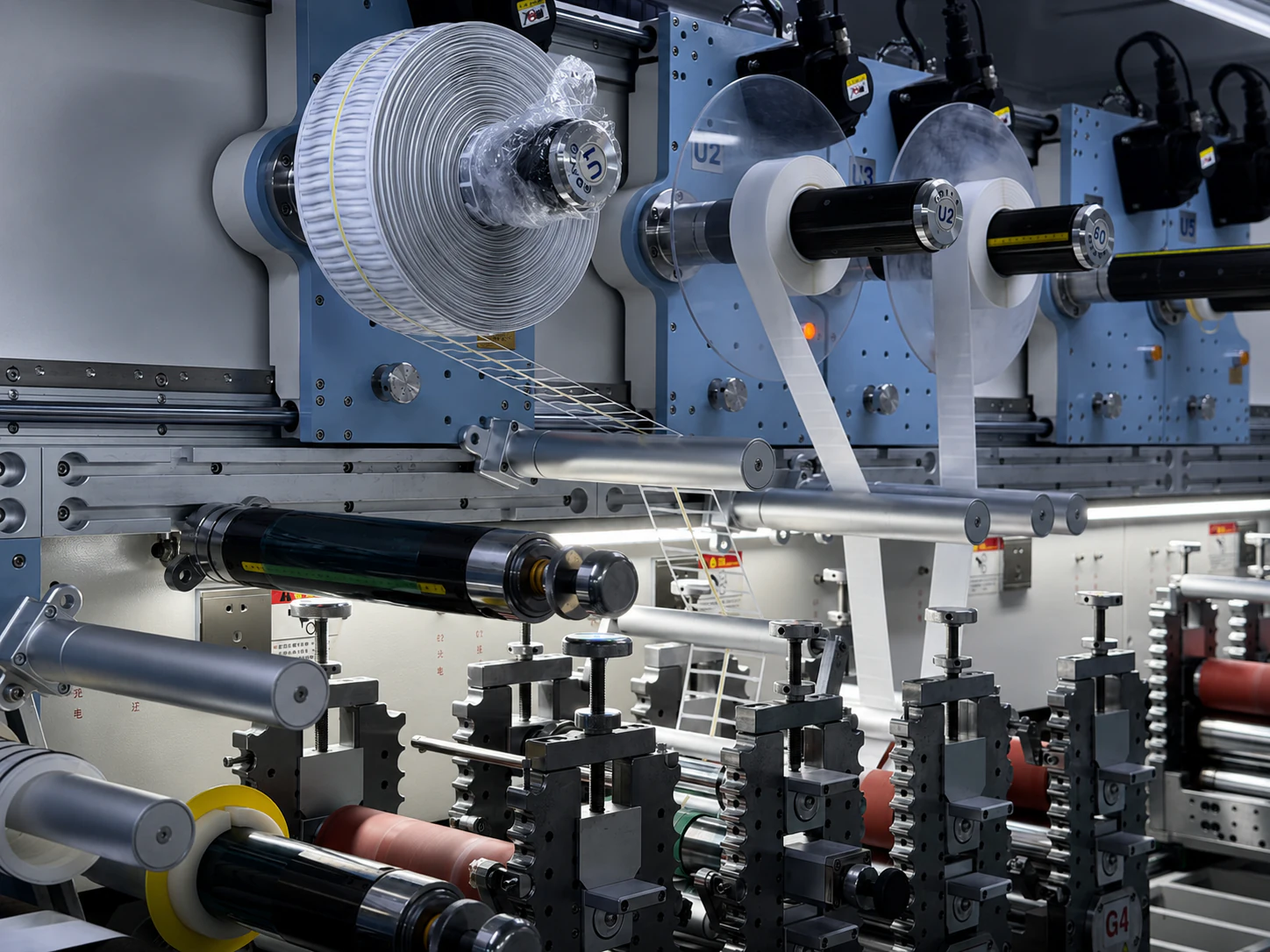 Rotary die-cutting line with roll-fed converting path for films and liners