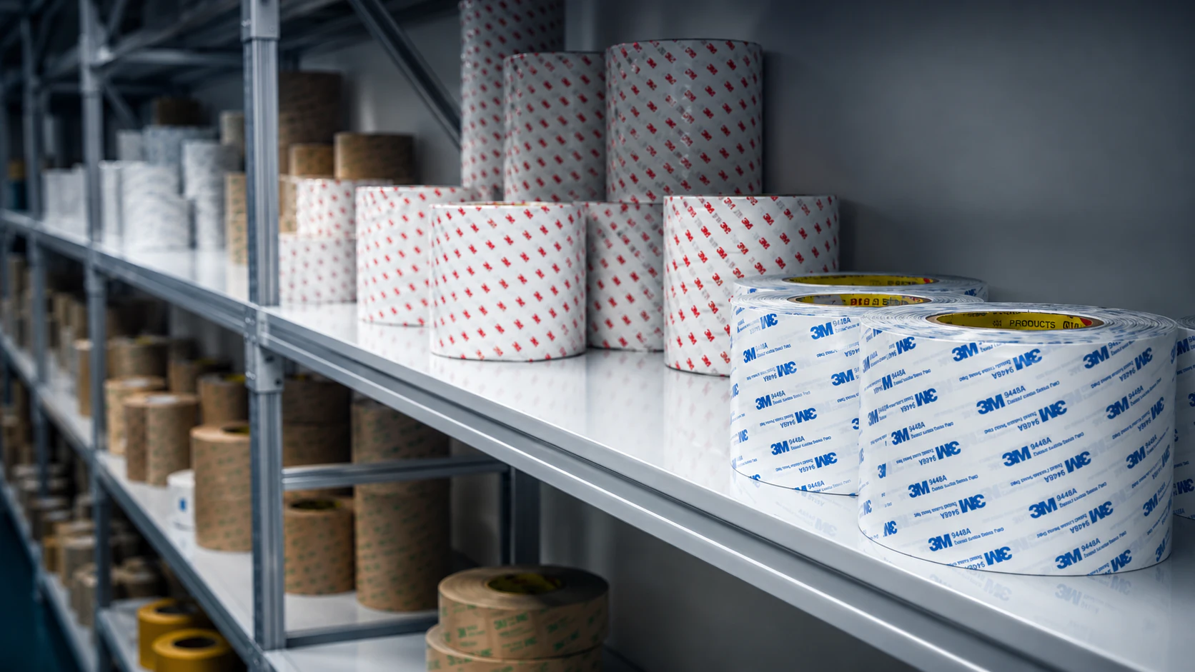 Shelves of adhesive material rolls prepared for project-specific precision converting