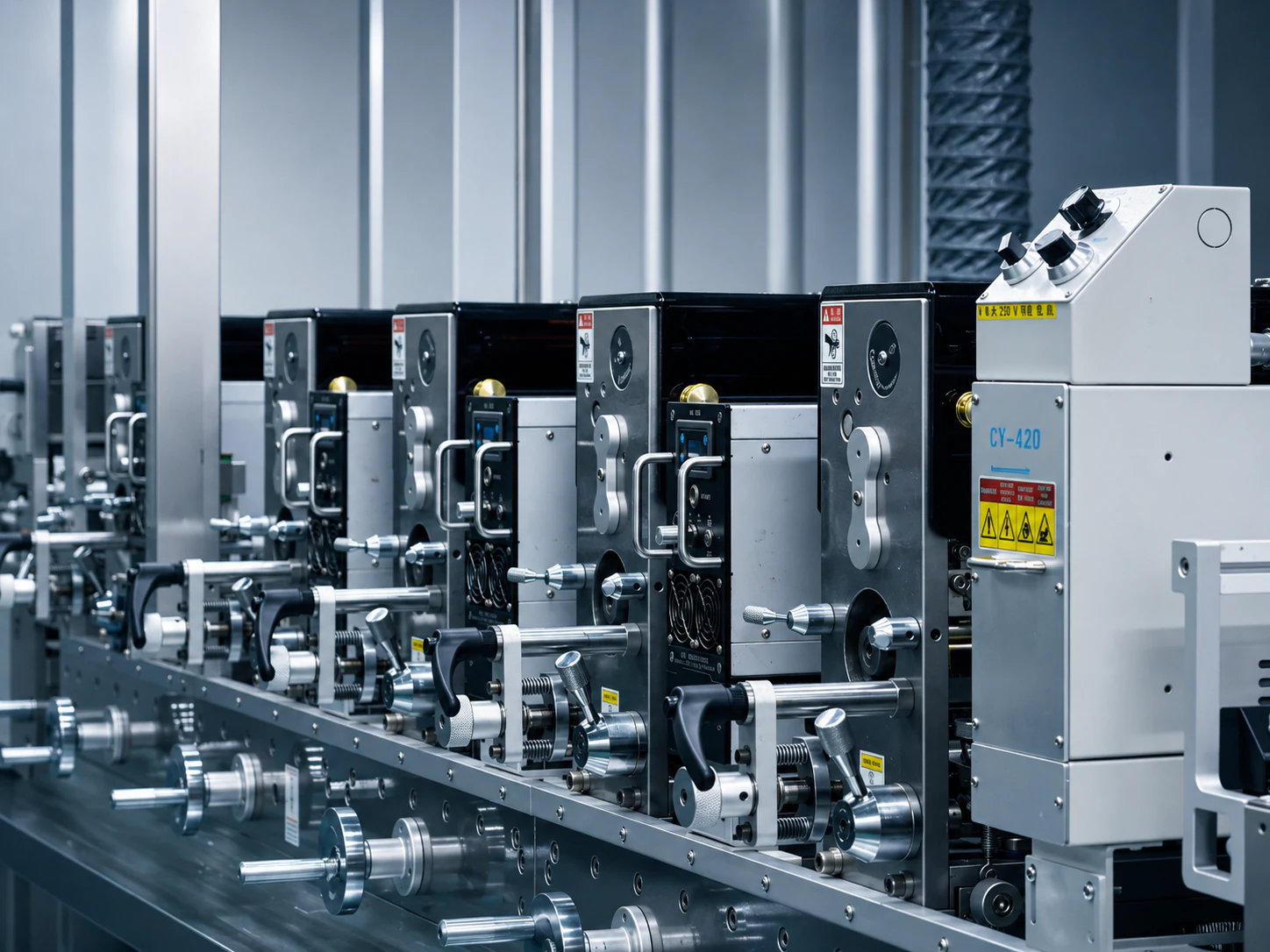 Semi-rotary printing line for industrial labels and graphic overlay production